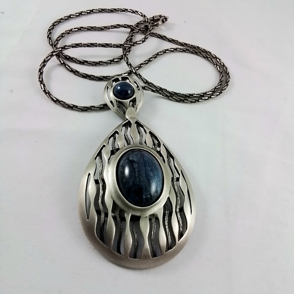 Unisex Pewter Pendant And Long Chain, Costume Jewelry